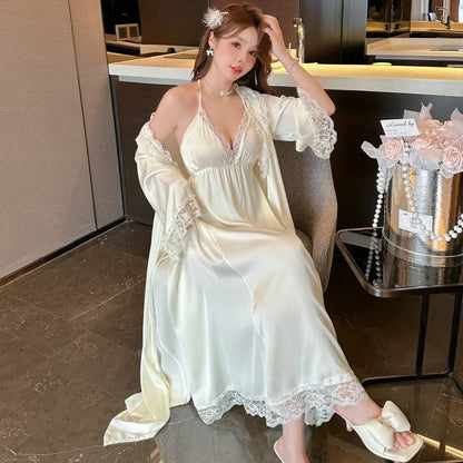 2PCS Bathrobe Gown Set Summer Satin Nightgown Women Nighty&robe Suit Lace Nightdress Loungewear Kimono Sleepwear Lady