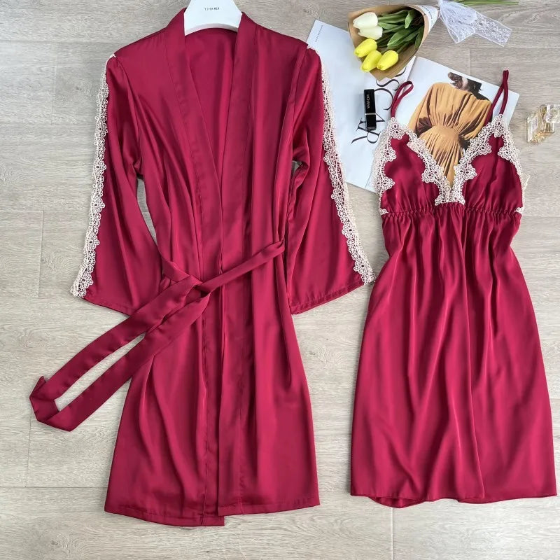 2PCS Women Lace Floral Robe Gown Sets Summer Sexy Rayon Nightgown Kimono Lounge Lingerie Home Bathrobe Sleepwear Nightdress Wear