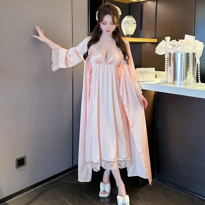 2PCS Bathrobe Gown Set Summer Satin Nightgown Women Nighty&robe Suit Lace Nightdress Loungewear Kimono Sleepwear Lady