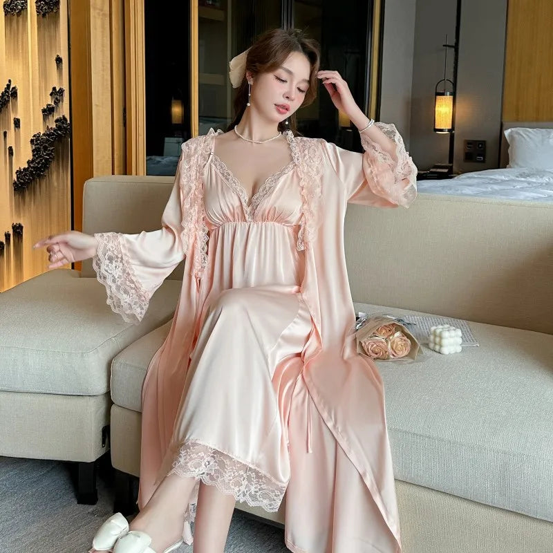 2PCS Bathrobe Gown Set Summer Satin Nightgown Women Nighty&robe Suit Lace Nightdress Loungewear Kimono Sleepwear Lady