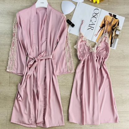 2PCS Women Lace Floral Robe Gown Sets Summer Sexy Rayon Nightgown Kimono Lounge Lingerie Home Bathrobe Sleepwear Nightdress Wear