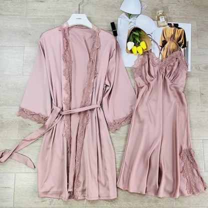 2PCS Women Lace Floral Robe Gown Sets Summer Sexy Rayon Nightgown Kimono Lounge Lingerie Home Bathrobe Sleepwear Nightdress Wear