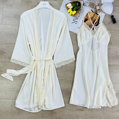 2PCS Women Lace Floral Robe Gown Sets Summer Sexy Rayon Nightgown Kimono Lounge Lingerie Home Bathrobe Sleepwear Nightdress Wear