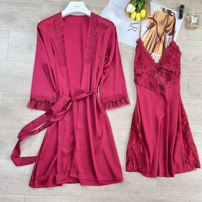 2PCS Women Lace Floral Robe Gown Sets Summer Sexy Rayon Nightgown Kimono Lounge Lingerie Home Bathrobe Sleepwear Nightdress Wear