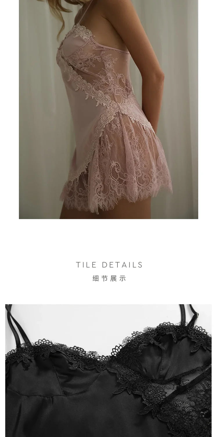 Beauty Back Sling Dress Female Lace Hollow Female Ice Silk Sexy Lingerie Nightgowns Women Side Mesh Embroidery Strap Nightdress