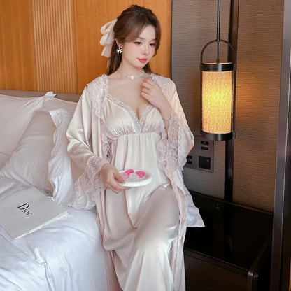 2PCS Bathrobe Gown Set Summer Satin Nightgown Women Nighty&robe Suit Lace Nightdress Loungewear Kimono Sleepwear Lady