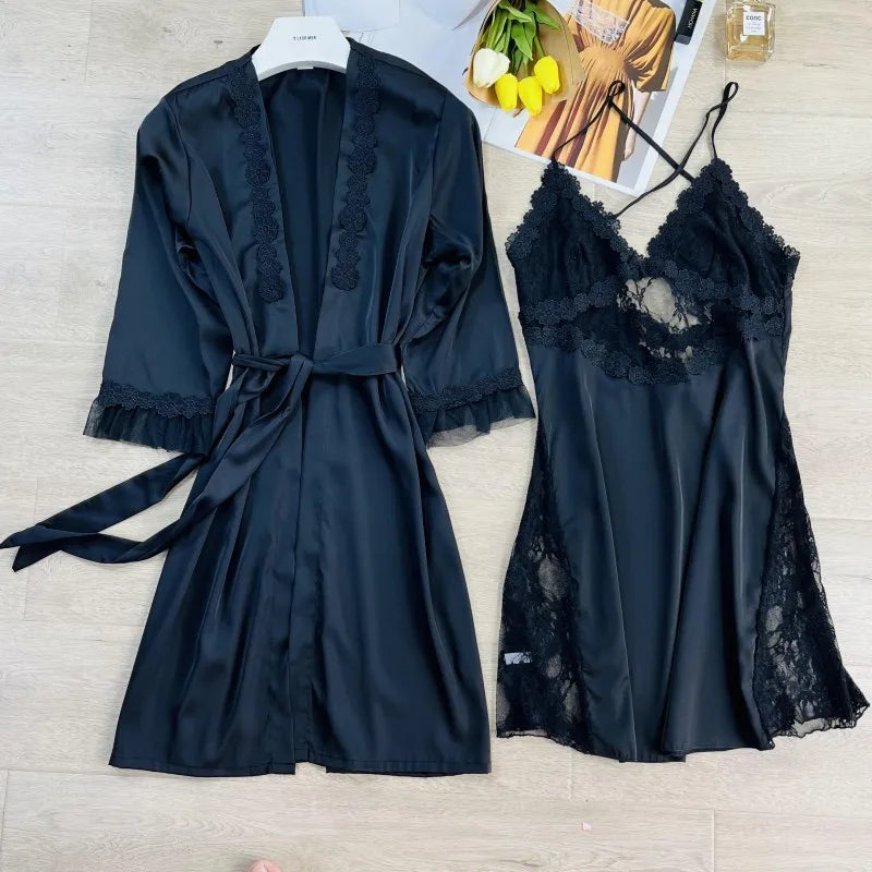 2PCS Women Lace Floral Robe Gown Sets Summer Sexy Rayon Nightgown Kimono Lounge Lingerie Home Bathrobe Sleepwear Nightdress Wear