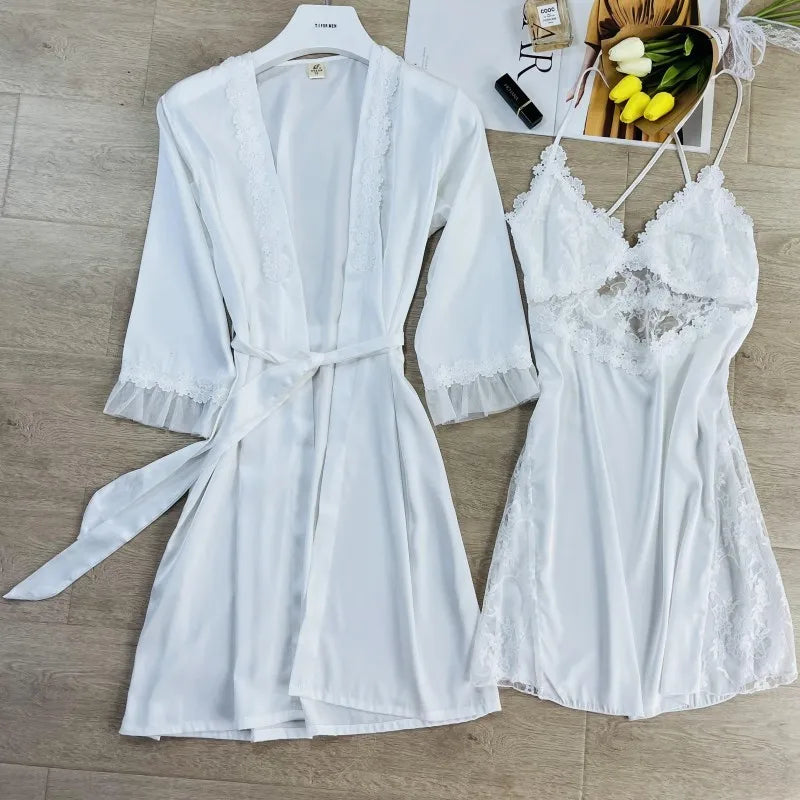 2PCS Women Lace Floral Robe Gown Sets Summer Sexy Rayon Nightgown Kimono Lounge Lingerie Home Bathrobe Sleepwear Nightdress Wear