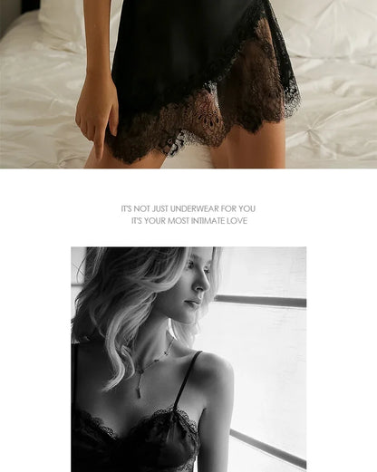 Beauty Back Sling Dress Female Lace Hollow Female Ice Silk Sexy Lingerie Nightgowns Women Side Mesh Embroidery Strap Nightdress