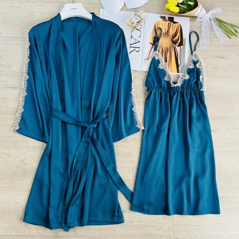 2PCS Women Lace Floral Robe Gown Sets Summer Sexy Rayon Nightgown Kimono Lounge Lingerie Home Bathrobe Sleepwear Nightdress Wear