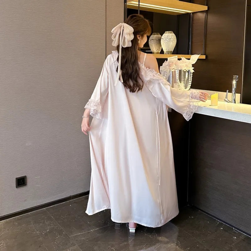 2PCS Bathrobe Gown Set Summer Satin Nightgown Women Nighty&robe Suit Lace Nightdress Loungewear Kimono Sleepwear Lady