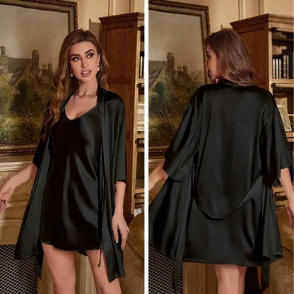 2PC Robe Suit Women Rayon Bathrobe Gown Sleep Set Summer Homewear Sleepdress Casual Kimono Sleepwear Nightgown