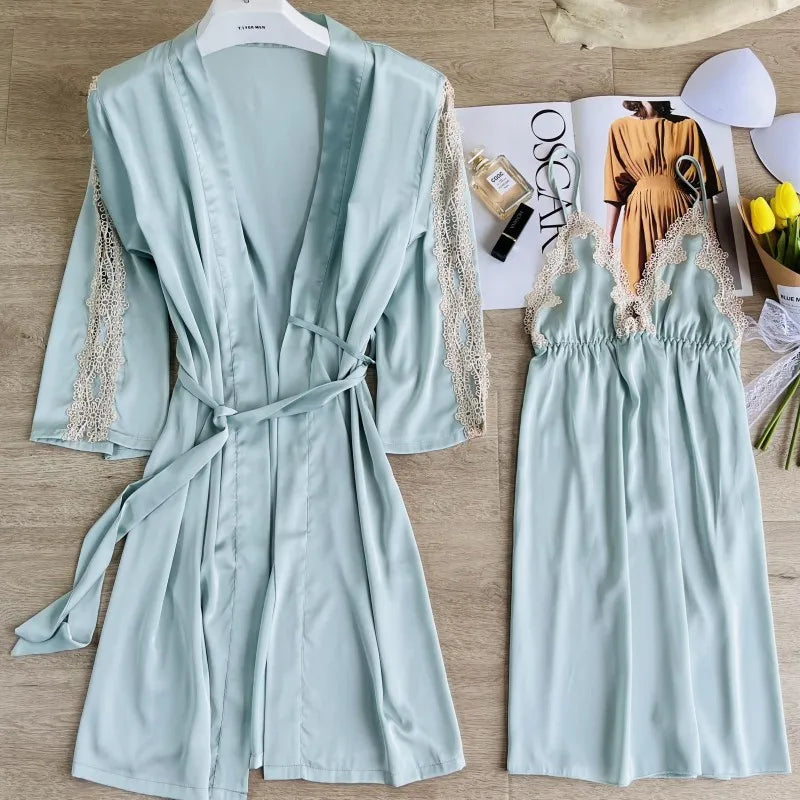 2PCS Women Lace Floral Robe Gown Sets Summer Sexy Rayon Nightgown Kimono Lounge Lingerie Home Bathrobe Sleepwear Nightdress Wear