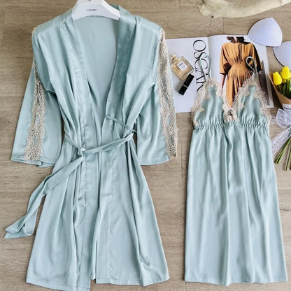 2PCS Women Lace Floral Robe Gown Sets Summer Sexy Rayon Nightgown Kimono Lounge Lingerie Home Bathrobe Sleepwear Nightdress Wear