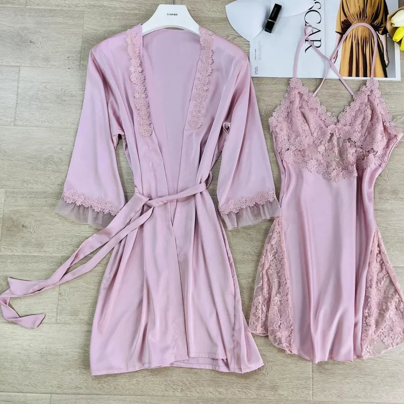 2PCS Women Lace Floral Robe Gown Sets Summer Sexy Rayon Nightgown Kimono Lounge Lingerie Home Bathrobe Sleepwear Nightdress Wear