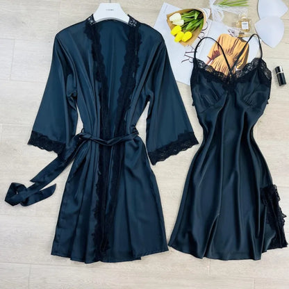 2PCS Women Lace Floral Robe Gown Sets Summer Sexy Rayon Nightgown Kimono Lounge Lingerie Home Bathrobe Sleepwear Nightdress Wear