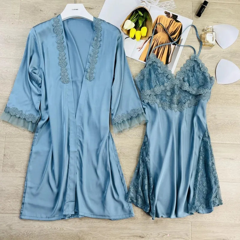 2PCS Women Lace Floral Robe Gown Sets Summer Sexy Rayon Nightgown Kimono Lounge Lingerie Home Bathrobe Sleepwear Nightdress Wear